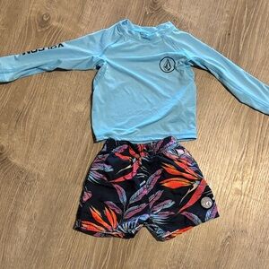 Volcom Light Blue Rashguard with Tropical Print Shorts
